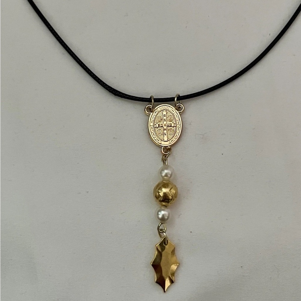 Pendant 14k Gold Plated St. Benedict Religious Pendant On Black Leather Cord